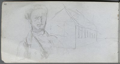Skissbok, sidan 99: Studie av figur, byggnad av Ernest Meissonier