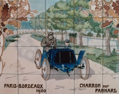 Charron kör en Panhard-bil i loppet Paris-Bordeaux 1900: keramiska plattor tillverkade av Gilardoni Fils et Cie i Paris, efter en ritning av Ernest Montaut (1878-1909) av Ernest Montaut