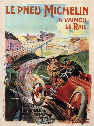 Panhard et levassor racerbil som körs av hed - Michelin-däck (Pneu) - Montaut, Ernest (1879-1909) - 1905 - Färglitografi - Privat samling av Ernest Montaut