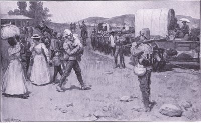 Brittiska soldater som hjälper boerflyktingar, illustration från After Pretoria: The Guerilla War, 1902 av Ernest Prater
