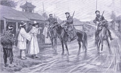 Kosackscouter samlar information från en koreansk fångenskap, illustration från Cassells History of the Russian-Japanese War Vol 1, c.1900 av Ernest Prater