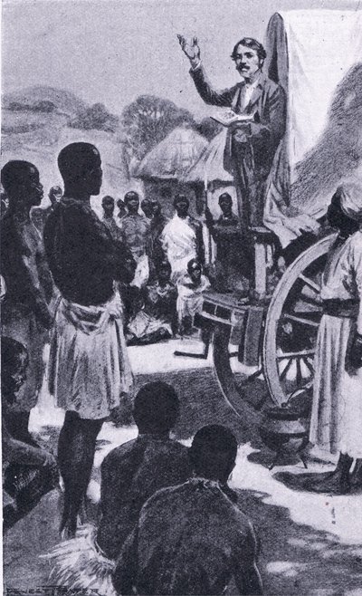 Preaching to the Makololo: Livingstone, illustration från Cassells Romance of Famous Lives, ca 1940 av Ernest Prater