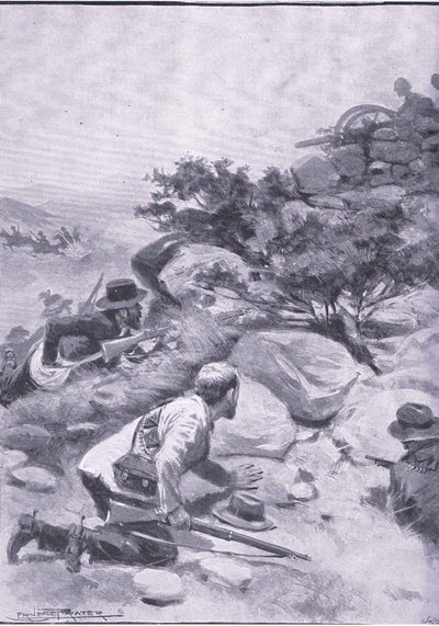 Ruse genom vilken boerna erövrade en "Pom Pom", från After Pretoria: The Guerilla War publicerad av Harmsworth Bros Limited av Ernest Prater