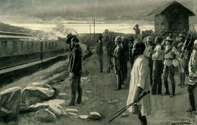 "Tåget som förmedlar resterna av Mr. Rhodes saluterat av blockhusvakterna", 1902. av Ernest Prater
