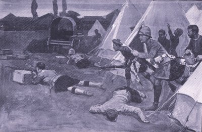 Attacken mot det brittiska lägret på marknadsplatsen i Jacobsdal, illustration från After Pretoria: The Guerilla War, 1902 av Ernest Prater