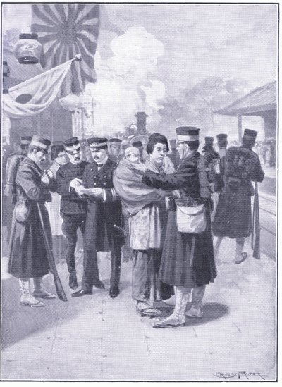 Trupper som lämnar Tokio, illustration från Cassells History of the Russian-Japanese War Vol 1, c.1900 av Ernest Prater