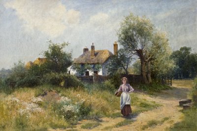 Landskap med stugkvinna, sent 1800-1900-tal av Ernest Walbourn