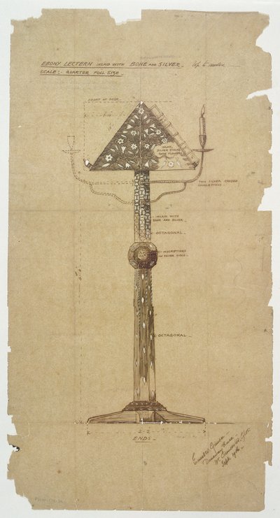 Design för ebenholts talarstol inlagd med ben och silver för St. Andrews Church, Roker 1906 (penna och bläck på papper) av Ernest William Gimson