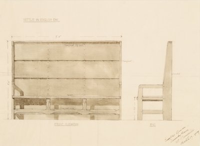 Design for Settle i engelsk ek, 1909 (penna med wc på papper) av Ernest William Gimson