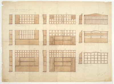 Design för Kina-hyllor, sideboards och byråer i engelsk ek, 1906 (penna och wc på papper) av Ernest William Gimson