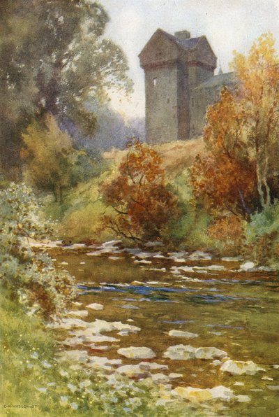 Branxholm Tower (färg litho) av Ernest William Haslehust
