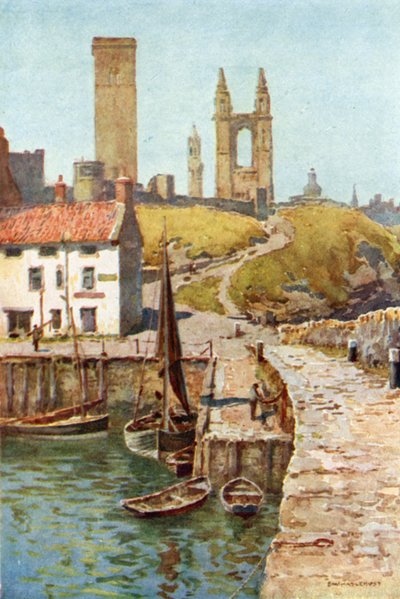 Cathedral Ruins, St. Andrews, från hamnen (färg litho) av Ernest William Haslehust