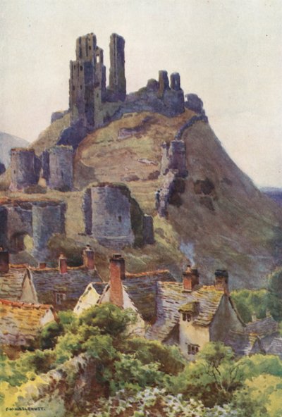 Corfe Castle (färg litho) av Ernest William Haslehust
