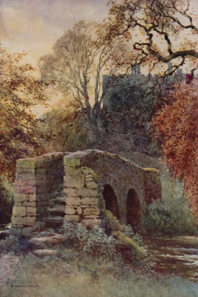 Dorothy Vernons bro, Haddon (färg litho) av Ernest William Haslehust