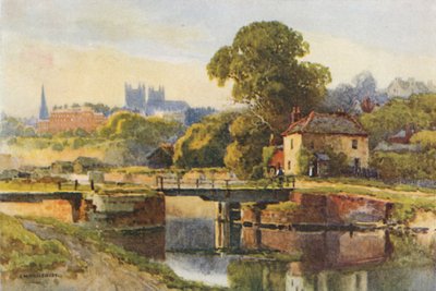 Exeter från kanalen (färg litho) av Ernest William Haslehust
