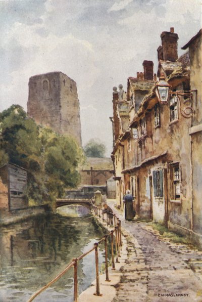 Fisher Row och resterna av Oxford Castle (färg litho) av Ernest William Haslehust