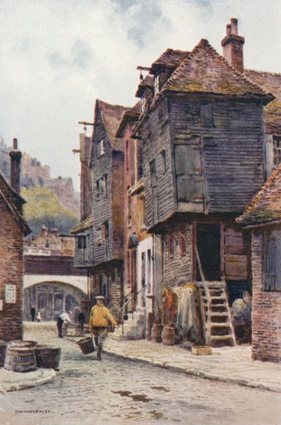 Fiskarkvarteret, Folkestone (färg litho) av Ernest William Haslehust