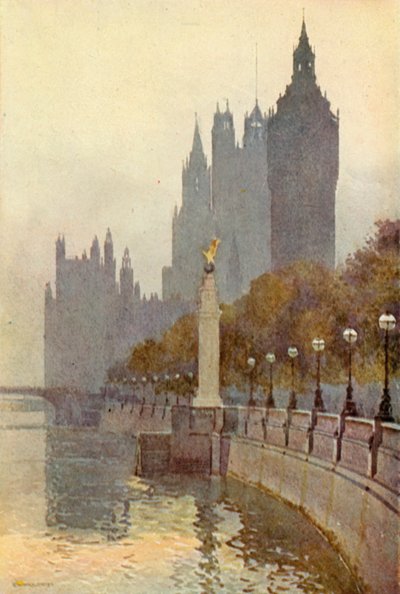 Houses of Parliament från banvallen (färg litho) av Ernest William Haslehust