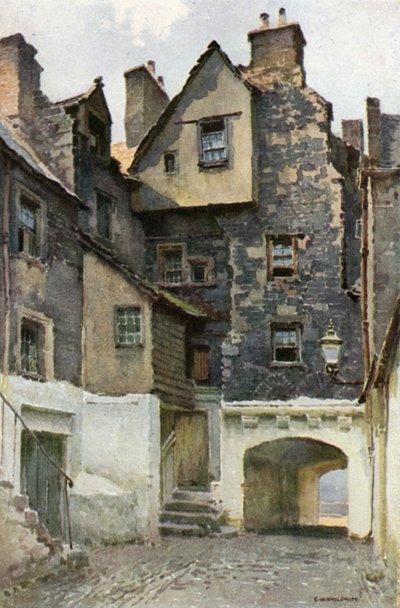 I Bakehouse Close: Residence of the Marquis of Huntly (färg litho) av Ernest William Haslehust