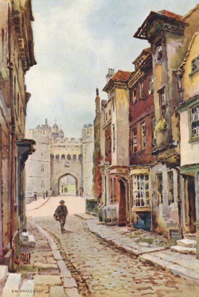 Nell Gwyns hus och Henry VIII Gateway (färg litho) av Ernest William Haslehust