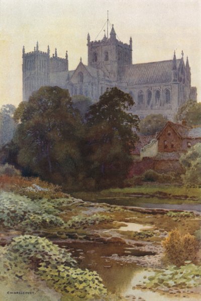 Ripon Minster från floden (färg litho) av Ernest William Haslehust