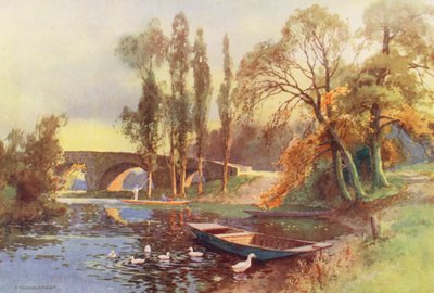 Floden Themsen: Chertsey Bridge (färglitografi) av Ernest William Haslehust