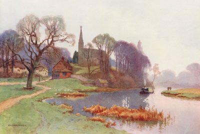 Floden Themsen: Clifton Hampden (färglitografi) av Ernest William Haslehust