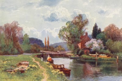 Floden Themsen: Hurley Lock (färglitografi) av Ernest William Haslehust