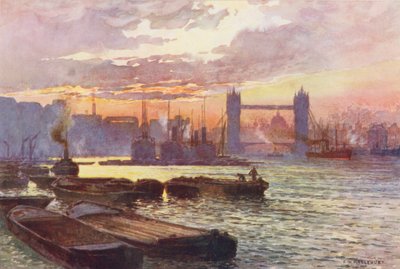 Floden Themsen: Tower Bridge (färglitografi) av Ernest William Haslehust