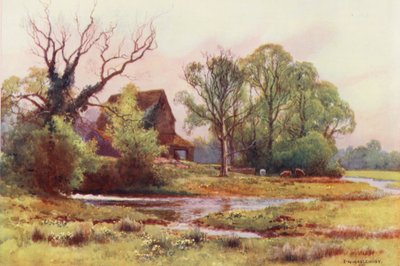 Floden Themsen: Upper Somerford Mill (färglitografi) av Ernest William Haslehust