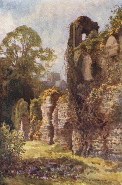 Ruinerna av Wolvesey Castle (färg litho) av Ernest William Haslehust