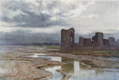 Sands of Dee, Flint Castle (färg litho) av Ernest William Haslehust