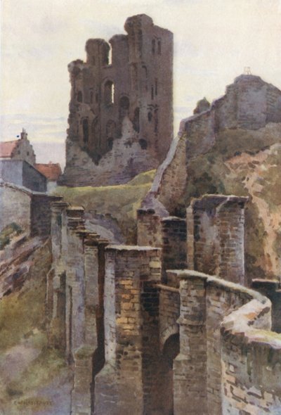 Scarborough Castle (färg litho) av Ernest William Haslehust