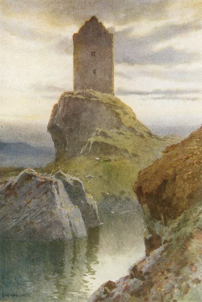 Smailholm Tower (färg litho) av Ernest William Haslehust