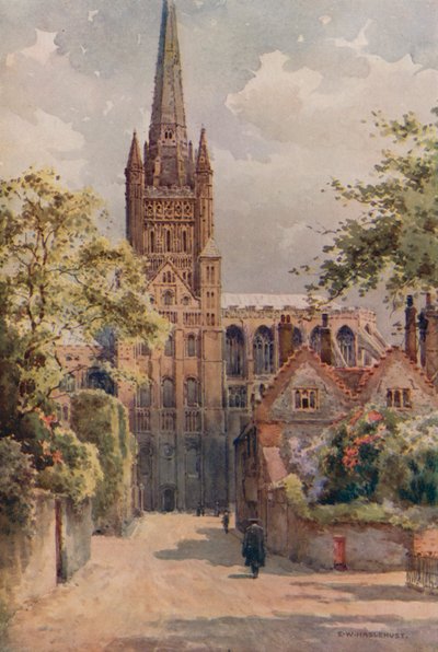 The Cathedral Precincts, Norwich (färg litho) av Ernest William Haslehust