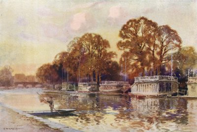 The College Barges and Folly Bridge (färg litho) av Ernest William Haslehust