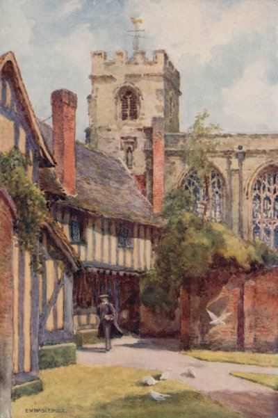 The Grammar School and Guild Chapel, Stratford-on-Avon (litho i färg) av Ernest William Haslehust