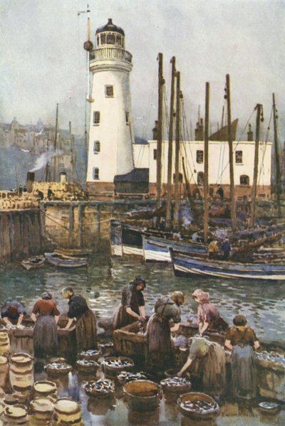 Hamnen under sillsäsongen (färg litho) av Ernest William Haslehust