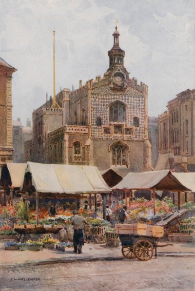 The Market-Place och Guildhall, Norwich (färg litho) av Ernest William Haslehust