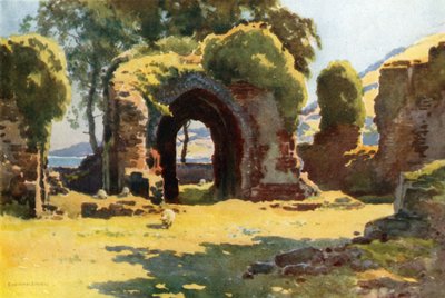 Ruinerna av Lindores Abbey (färg litho) av Ernest William Haslehust