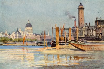 Themsen underifrån Waterloo Bridge (färg litho) av Ernest William Haslehust