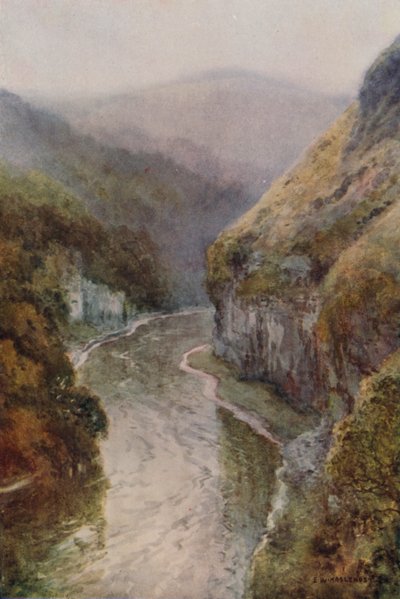 The Wye nära Cressbrook Dale (färg litho) av Ernest William Haslehust