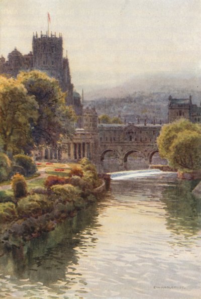 Utsikt från North Parade Bridge, Bath (färg litho) av Ernest William Haslehust