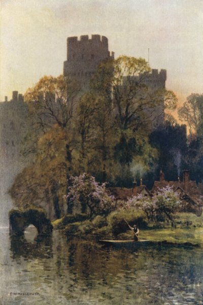 Warwick Castle från floden (färg litho) av Ernest William Haslehust