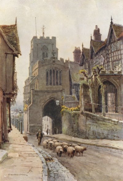 West Gate, Warwick (färg litho) av Ernest William Haslehust