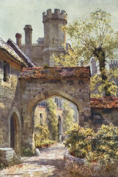 Winchester College: The Outer Gateway från "Arcadia" (färg litho) av Ernest William Haslehust