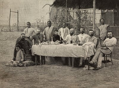 Bankett mot slaveri på italienska konsulatet i Boma, Demokratiska republiken Kongo, gravyr av Ernesto Mancastropa från fotografi av Giuseppe Corona, från L