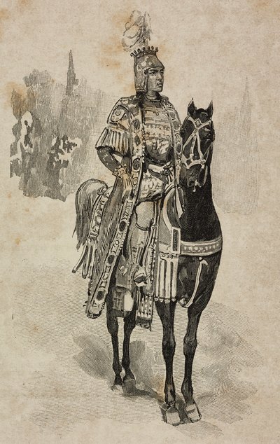 Hertig av Aosta Emanuele Filiberto av Savojen i kostym av Umberto Biancamano vid Villa Borghese-turneringen i samband med silverbröllop av Umberto I och Margherita av Savojen, Rom, Italien av Ernesto Mancastroppa
