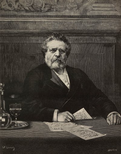 Giosue Carducci (1835-1907), italiensk poet och författare, Nobelpristagare 1906, gravyr av Ernesto Mancastroppa från målning av Vittorio Corcos, från L