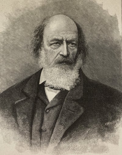 Porträtt av Alfred Tennyson (1809-1892), brittisk poet, gravyr av Ernesto Mancastroppa från fotografi av Barraud, från L